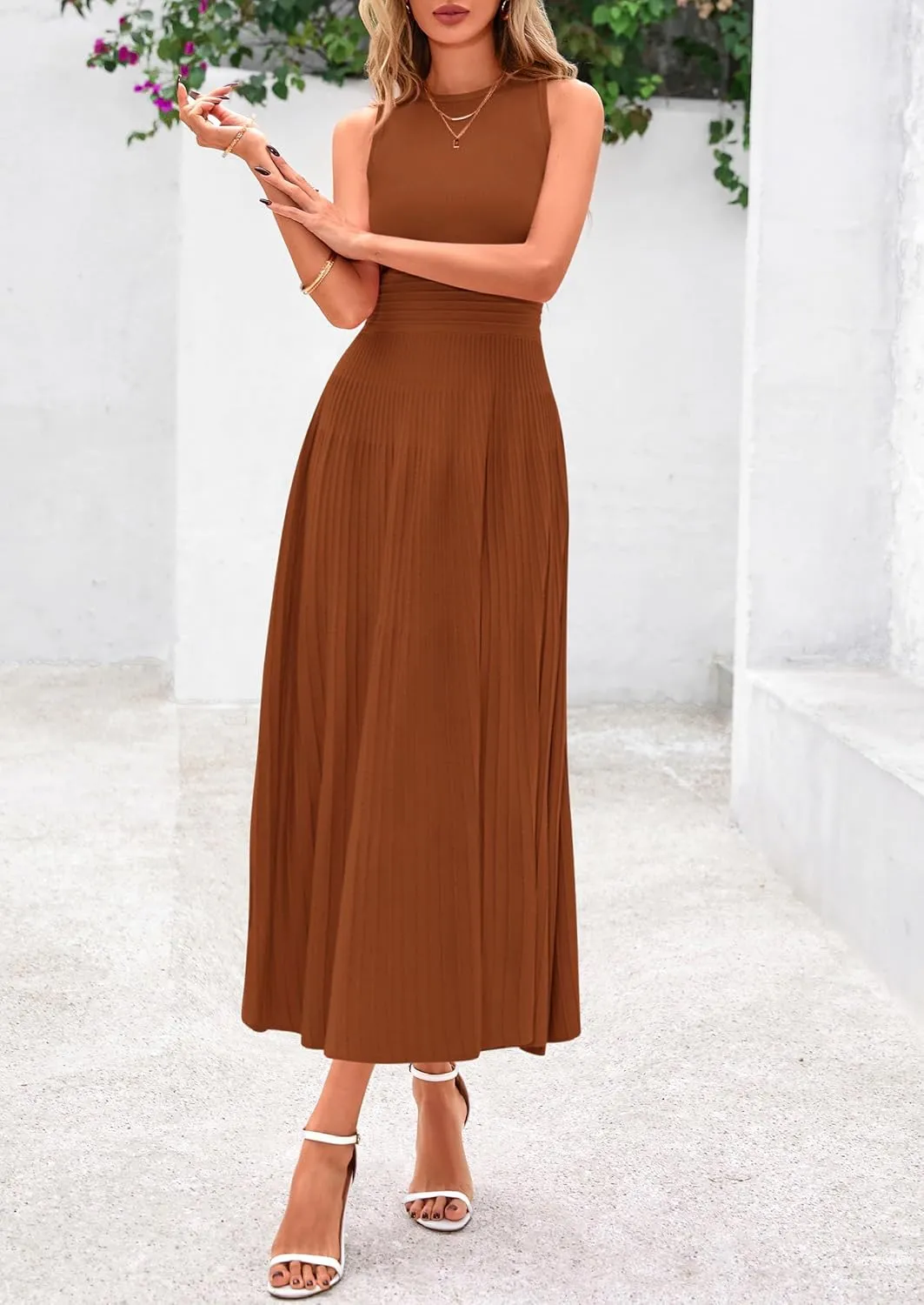 PRETTYGARDEN Spring Casual Dresses for Women 2025 Summer Business Work Midi Sleeveless A Line Pleated Cocktail Dress