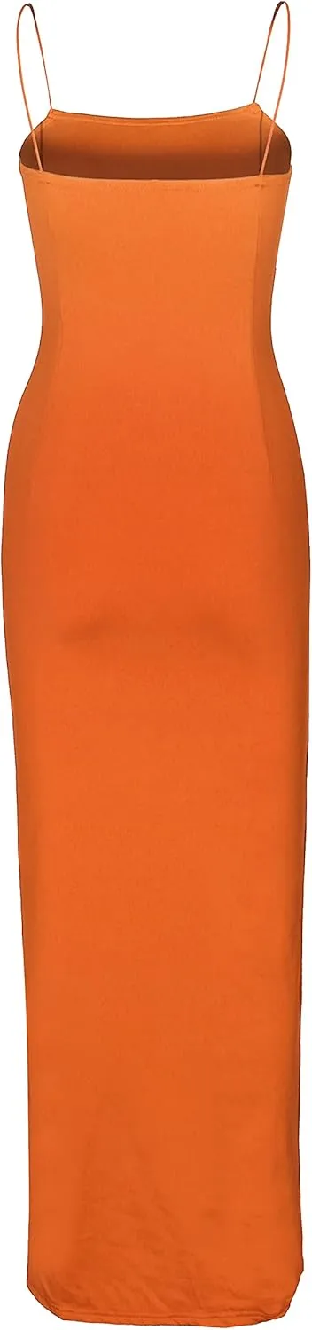PRIMODA Women's Spaghetti Strap Bodycon Maxi Dress Long Formal Thigh-high Slit Club Wedding Guest Dress