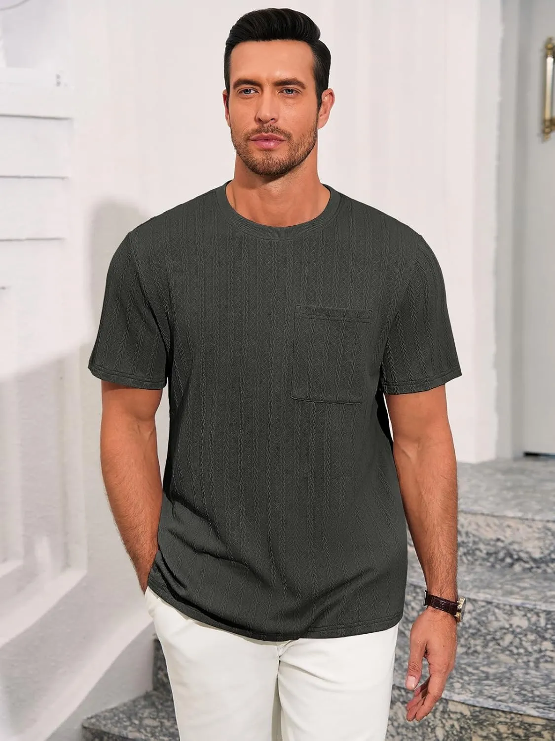 Runcati Mens Short Sleeve T-Shirts Casual Knit Texture Crewneck Pocket Tee Tops Loose Fit Summer Shirt