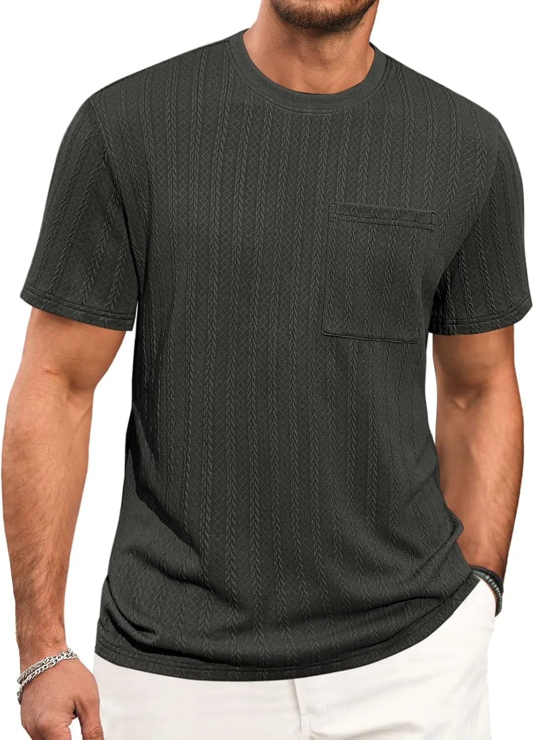 Runcati Mens Short Sleeve T-Shirts Casual Knit Texture Crewneck Pocket Tee Tops Loose Fit Summer Shirt