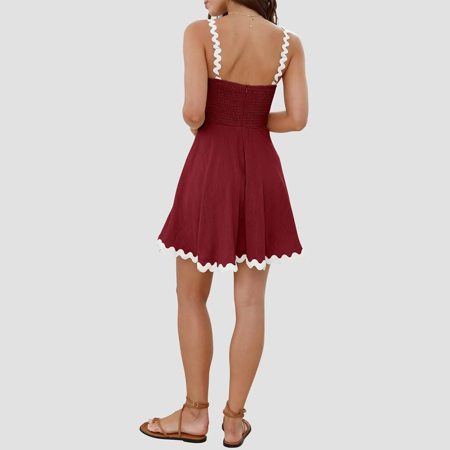 Senllen Womens Summer Flowy Mini Dress 2025 Casual Spaghetti Straps Sleeveless Smocked Backless Swing Wave Trim Sundress