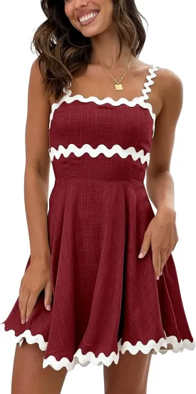 Senllen Womens Summer Flowy Mini Dress 2025 Casual Spaghetti Straps Sleeveless Smocked Backless Swing Wave Trim Sundress