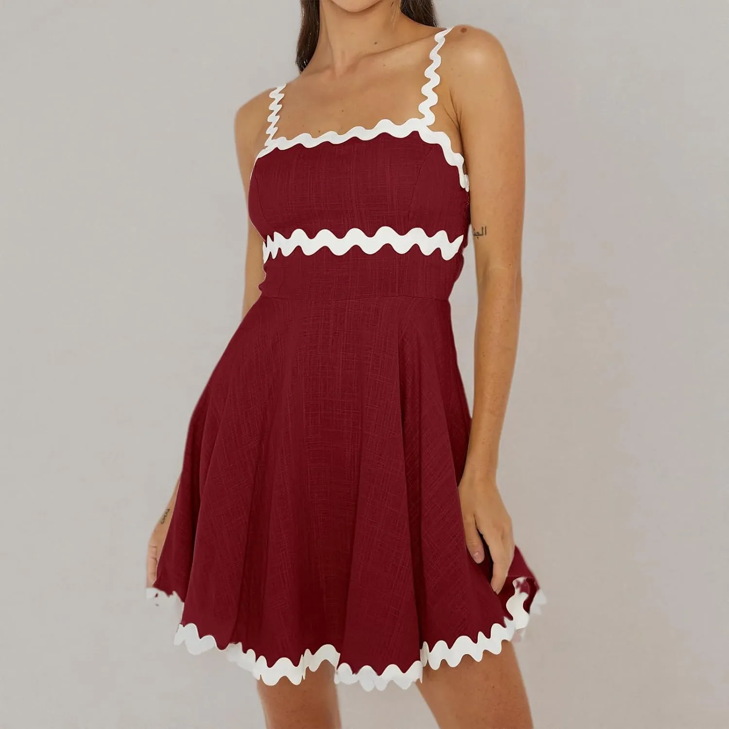Senllen Womens Summer Flowy Mini Dress 2025 Casual Spaghetti Straps Sleeveless Smocked Backless Swing Wave Trim Sundress