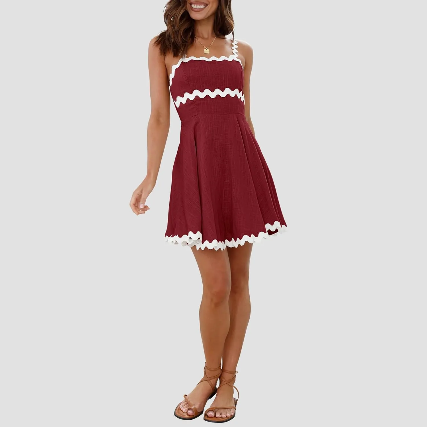 Senllen Womens Summer Flowy Mini Dress 2025 Casual Spaghetti Straps Sleeveless Smocked Backless Swing Wave Trim Sundress