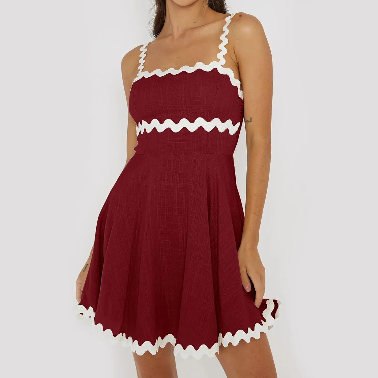 Senllen Womens Summer Flowy Mini Dress 2025 Casual Spaghetti Straps Sleeveless Smocked Backless Swing Wave Trim Sundress