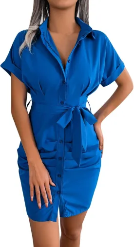 Sexy Mini Shirt Dress for Women Tie Waist Business Casual Work Shirt Dresses 2023 Summer Solid Color Belted Button Down Dress