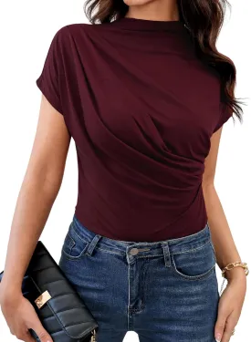 SweatyRocks Women's Casual Short Sleeve Mock Neck Tee Top Asymmetric Ruched Plain T Shirt