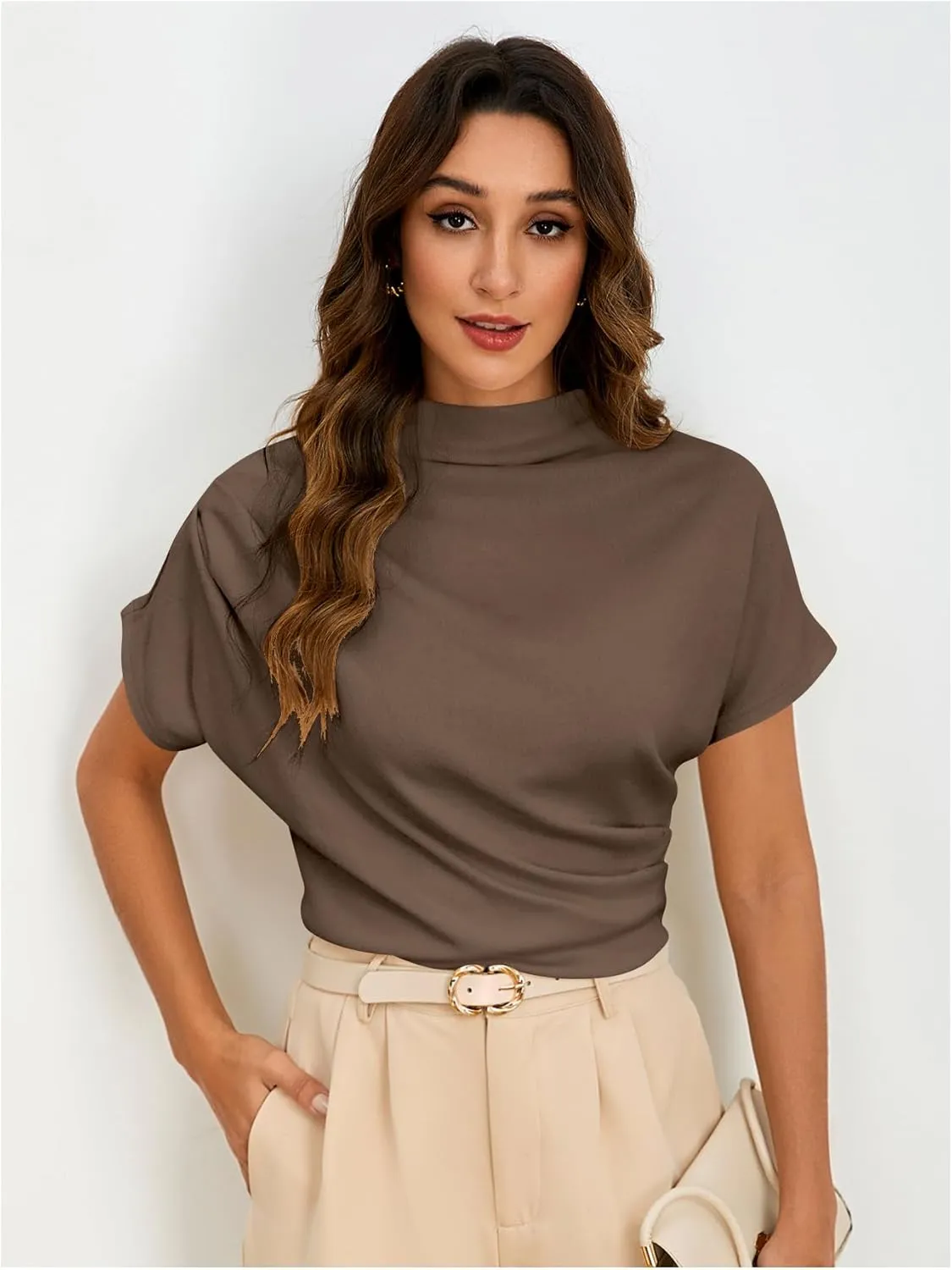 SweatyRocks Women's Casual Short Sleeve Mock Neck Tee Top Asymmetric Ruched Plain T Shirt