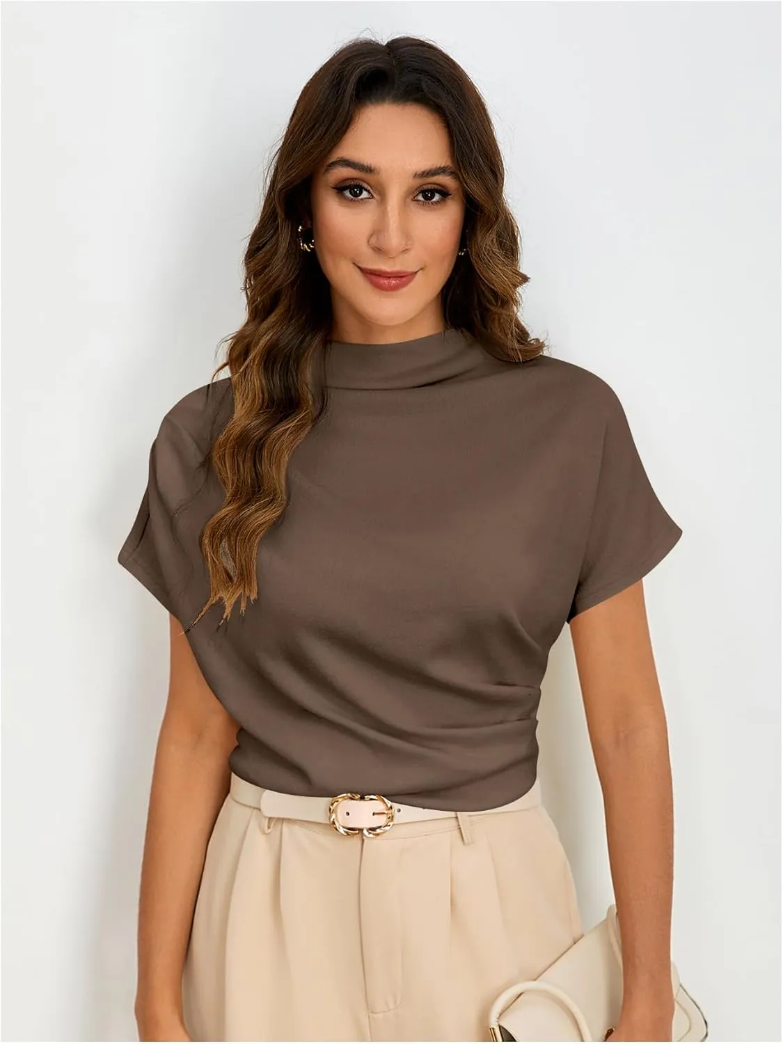 SweatyRocks Women's Casual Short Sleeve Mock Neck Tee Top Asymmetric Ruched Plain T Shirt