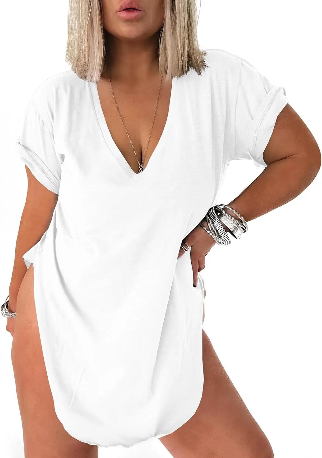 Tankaneo Womens Deep V Neck Short Sleeve T Shirts Side Slit Oversized Summer Loose Tunic Top
