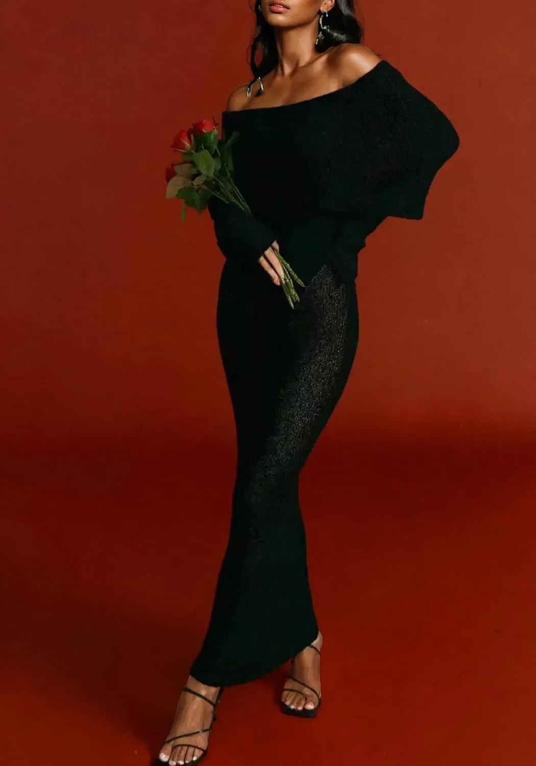 Unybwonn Sexy Off Shoulder Crochet Maxi Dress for Women Bodycon Stretchy Mesh Knit Dress Long Sleeve Party Wrap Dresses