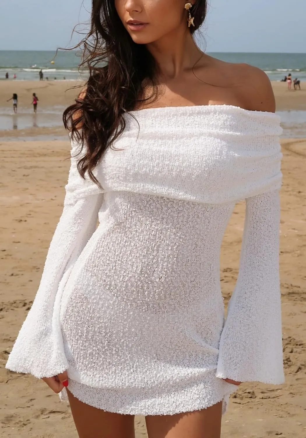 Unybwonn Women's Off Shoulder Mini Short Dress Bodycon Long Sleeve Crochet Sexy Going Out Mesh Elegant Sweater Dresses