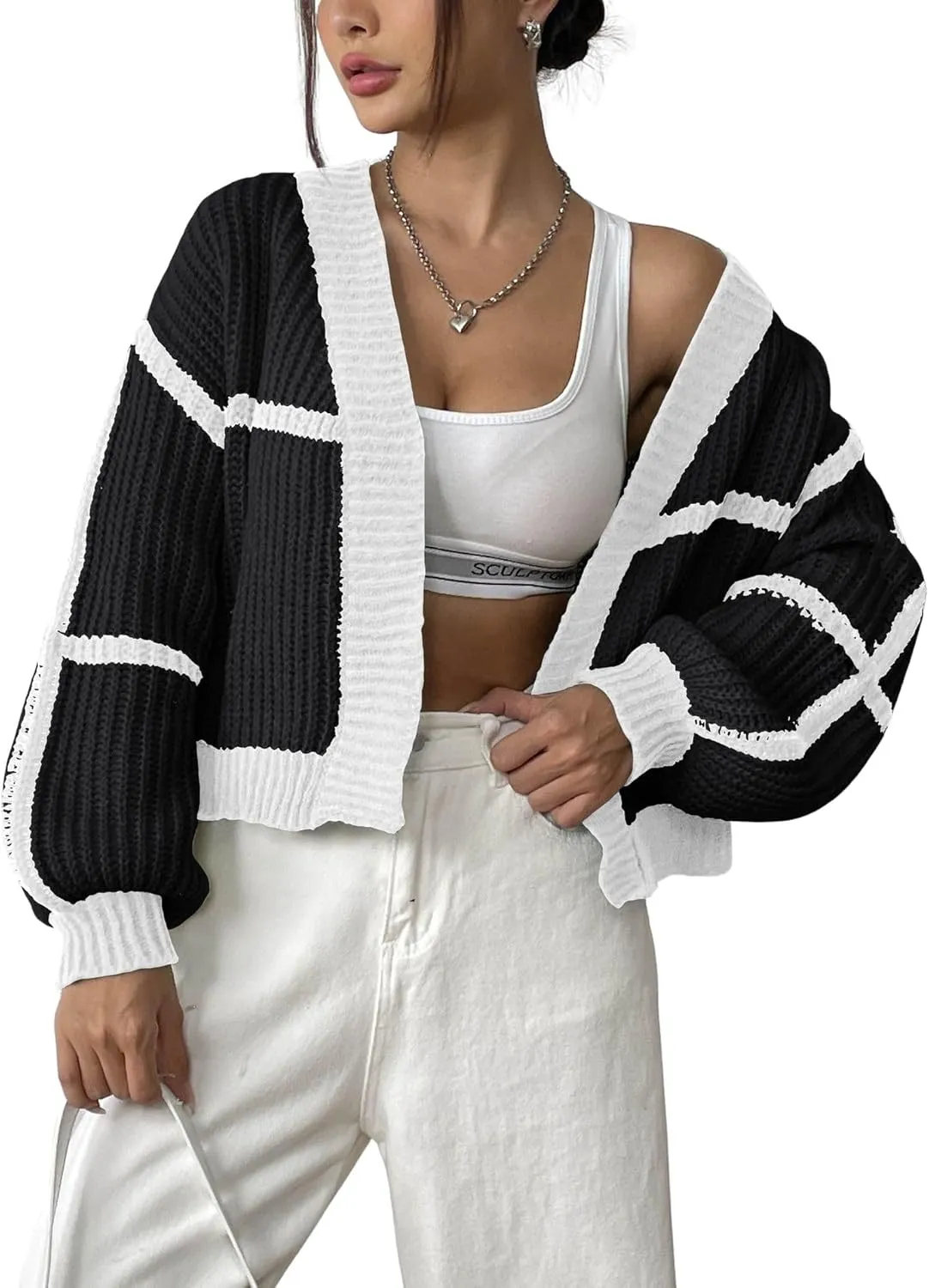 utcoco Women's Cropped Long Sleeve Cardigan Sweaters Casual Loose Open Front Color Block Chunky Knit Sweater Coat