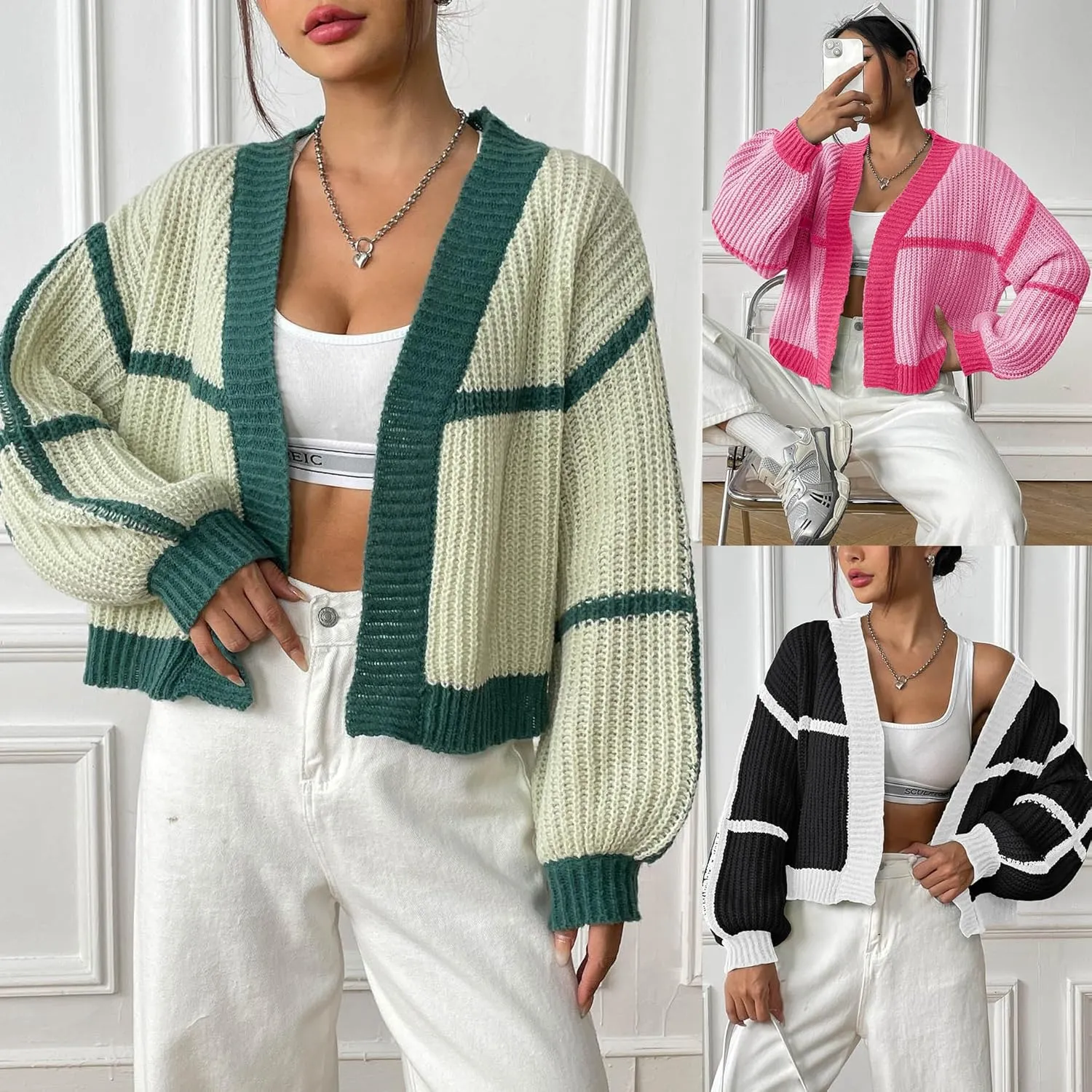 utcoco Women's Cropped Long Sleeve Cardigan Sweaters Casual Loose Open Front Color Block Chunky Knit Sweater Coat