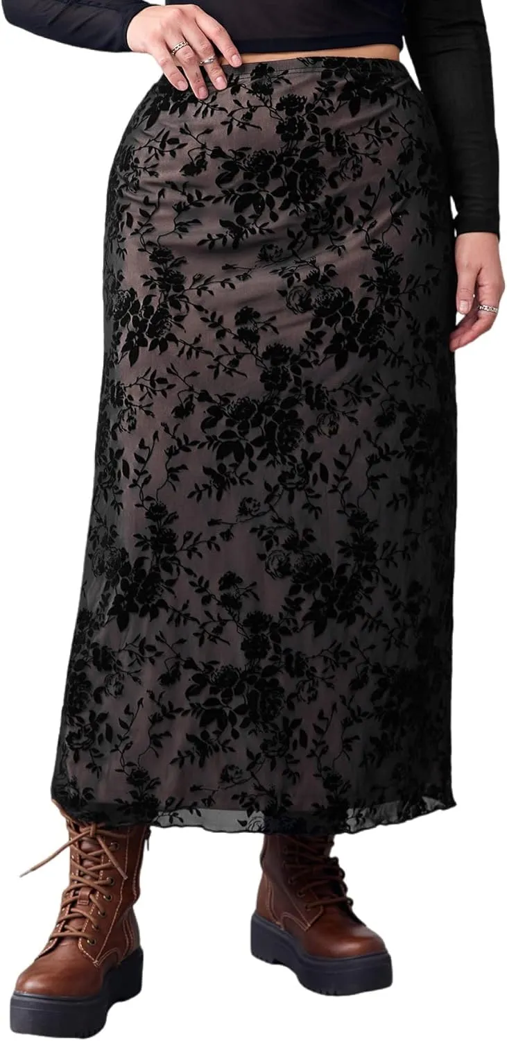 Verdusa Women's Plus Size Floral Print Mesh Overlay High Waist Long Skirt Plus Black 1XL