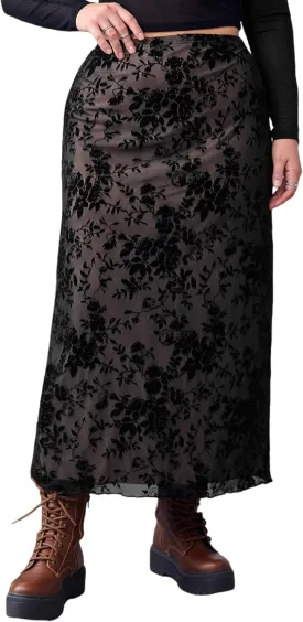 Verdusa Women's Plus Size Floral Print Mesh Overlay High Waist Long Skirt Plus Black 1XL