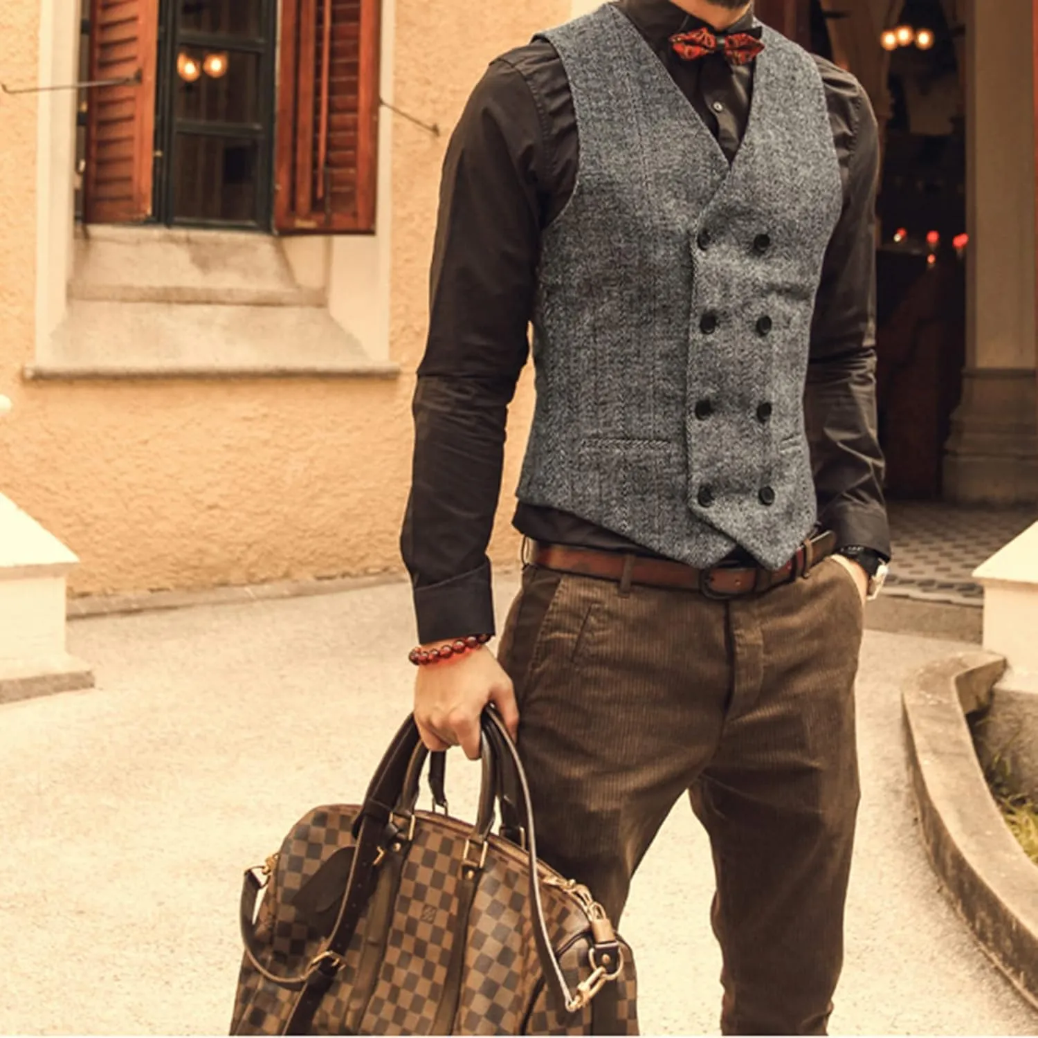 Vest for Men Formal Dress Business Casual Herringbone Tweed Vest Jacket for Men Waistcoat