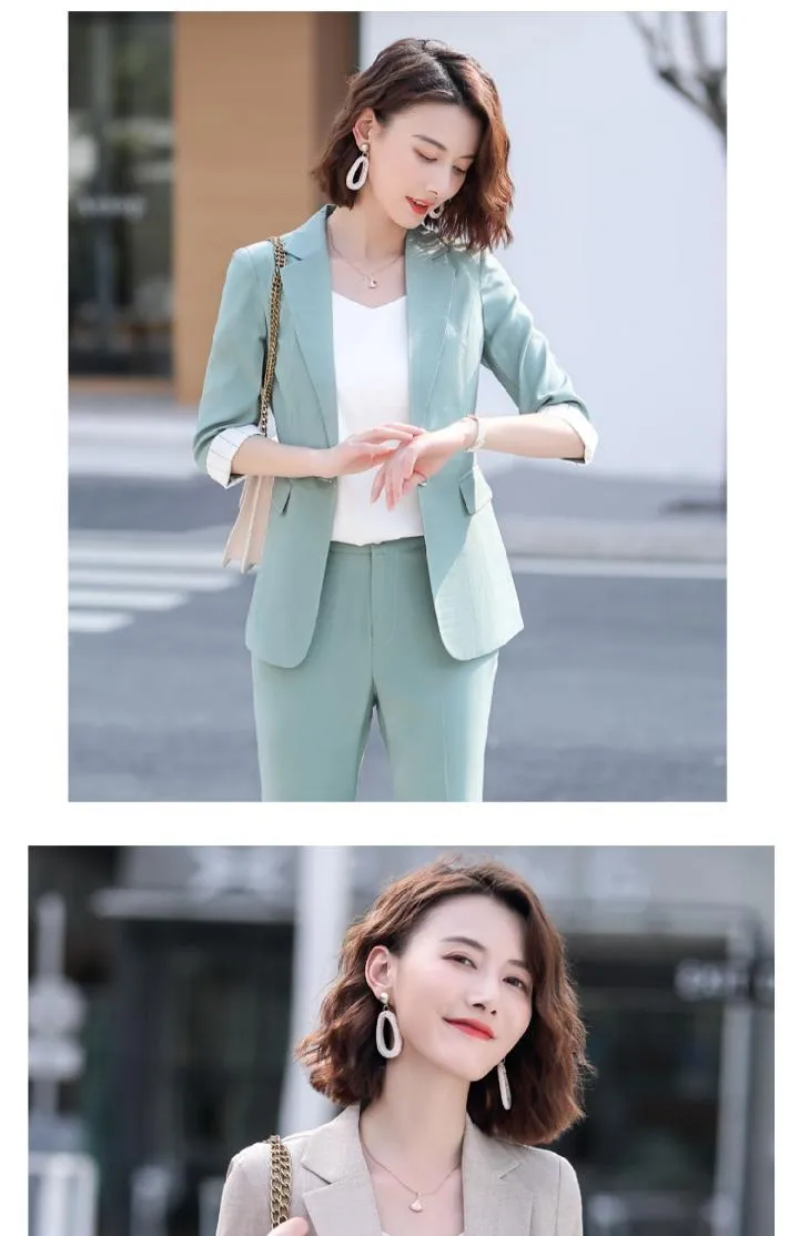 Wjczt Women's Summer Blazers Pants 2 Piece Set Korean Office Lady Graceful Three Quarter Suit Coat Pencil Trousers Outfits Pink Jacket