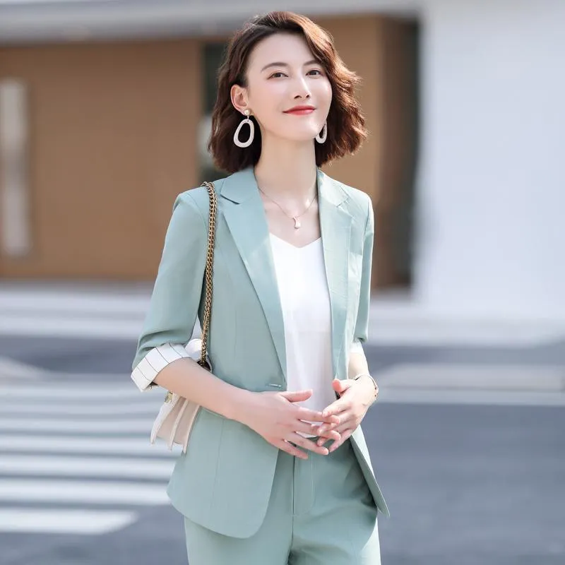 Wjczt Women's Summer Blazers Pants 2 Piece Set Korean Office Lady Graceful Three Quarter Suit Coat Pencil Trousers Outfits Pink Jacket