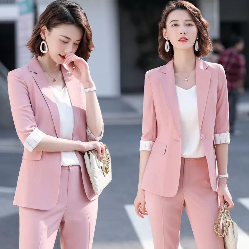 Wjczt Women's Summer Blazers Pants 2 Piece Set Korean Office Lady Graceful Three Quarter Suit Coat Pencil Trousers Outfits Pink Jacket