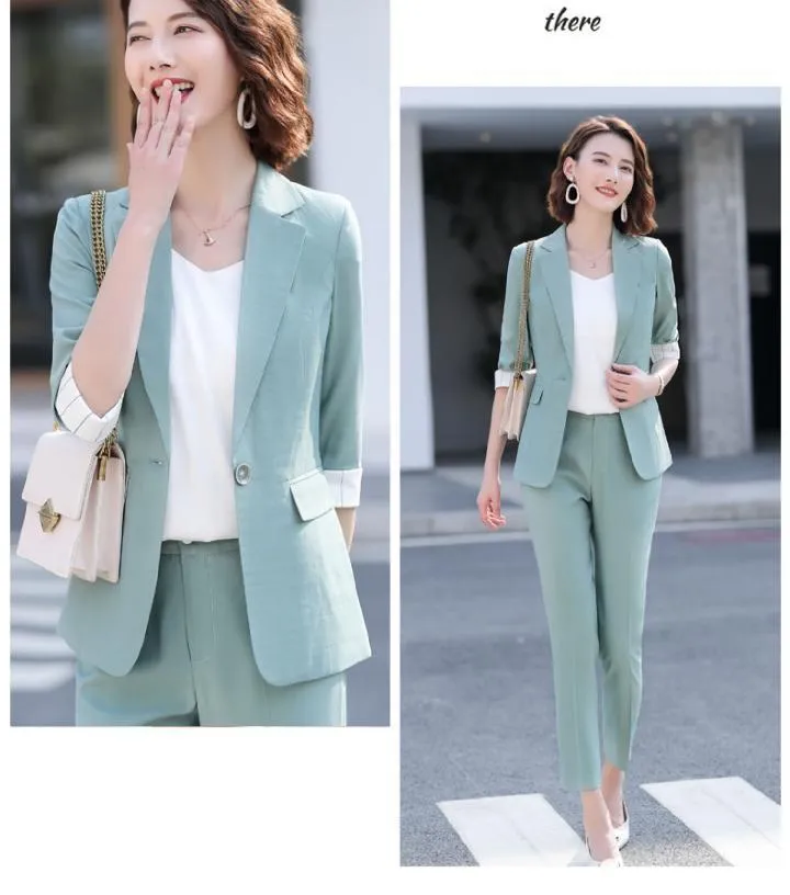 Wjczt Women's Summer Blazers Pants 2 Piece Set Korean Office Lady Graceful Three Quarter Suit Coat Pencil Trousers Outfits Pink Jacket