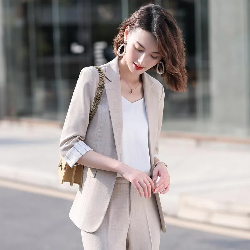 Wjczt Women's Summer Blazers Pants 2 Piece Set Korean Office Lady Graceful Three Quarter Suit Coat Pencil Trousers Outfits Pink Jacket