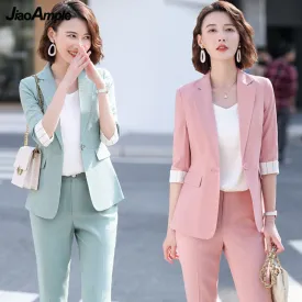 Wjczt Women's Summer Blazers Pants 2 Piece Set Korean Office Lady Graceful Three Quarter Suit Coat Pencil Trousers Outfits Pink Jacket