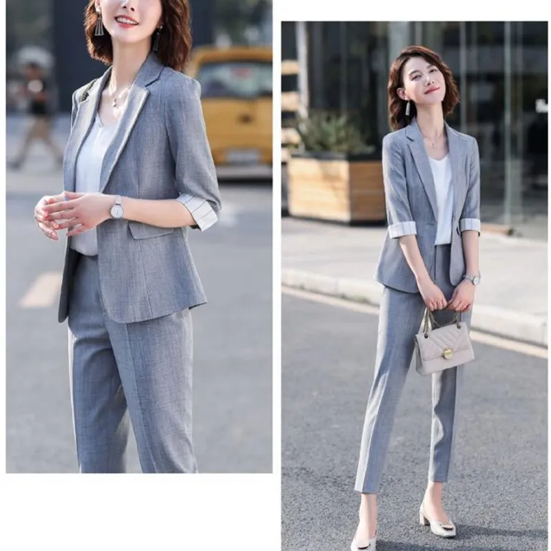Wjczt Women's Summer Blazers Pants 2 Piece Set Korean Office Lady Graceful Three Quarter Suit Coat Pencil Trousers Outfits Pink Jacket