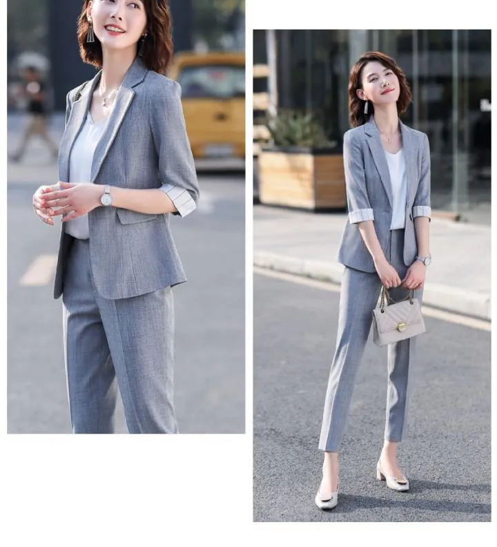 Wjczt Women's Summer Blazers Pants 2 Piece Set Korean Office Lady Graceful Three Quarter Suit Coat Pencil Trousers Outfits Pink Jacket