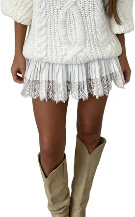 Women Lace Mini Skirt Retro Western Half Slip Skirt Pleated Ruffle a Line Flowy Short Skirt for Concert