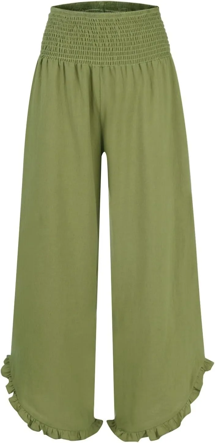 Women Palazzo Pants Smock Elastic Waist Wide Leg Ruffle Hem Pant Solid Flowy Beach Trousers with Pocket