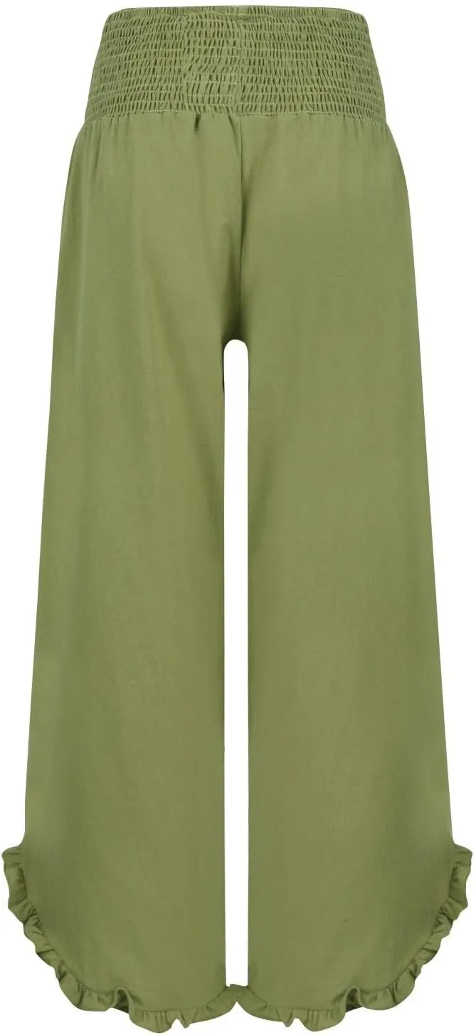 Women Palazzo Pants Smock Elastic Waist Wide Leg Ruffle Hem Pant Solid Flowy Beach Trousers with Pocket