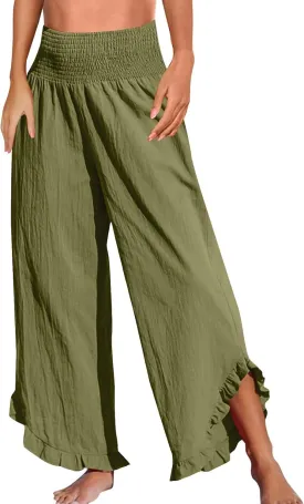 Women Palazzo Pants Smock Elastic Waist Wide Leg Ruffle Hem Pant Solid Flowy Beach Trousers with Pocket