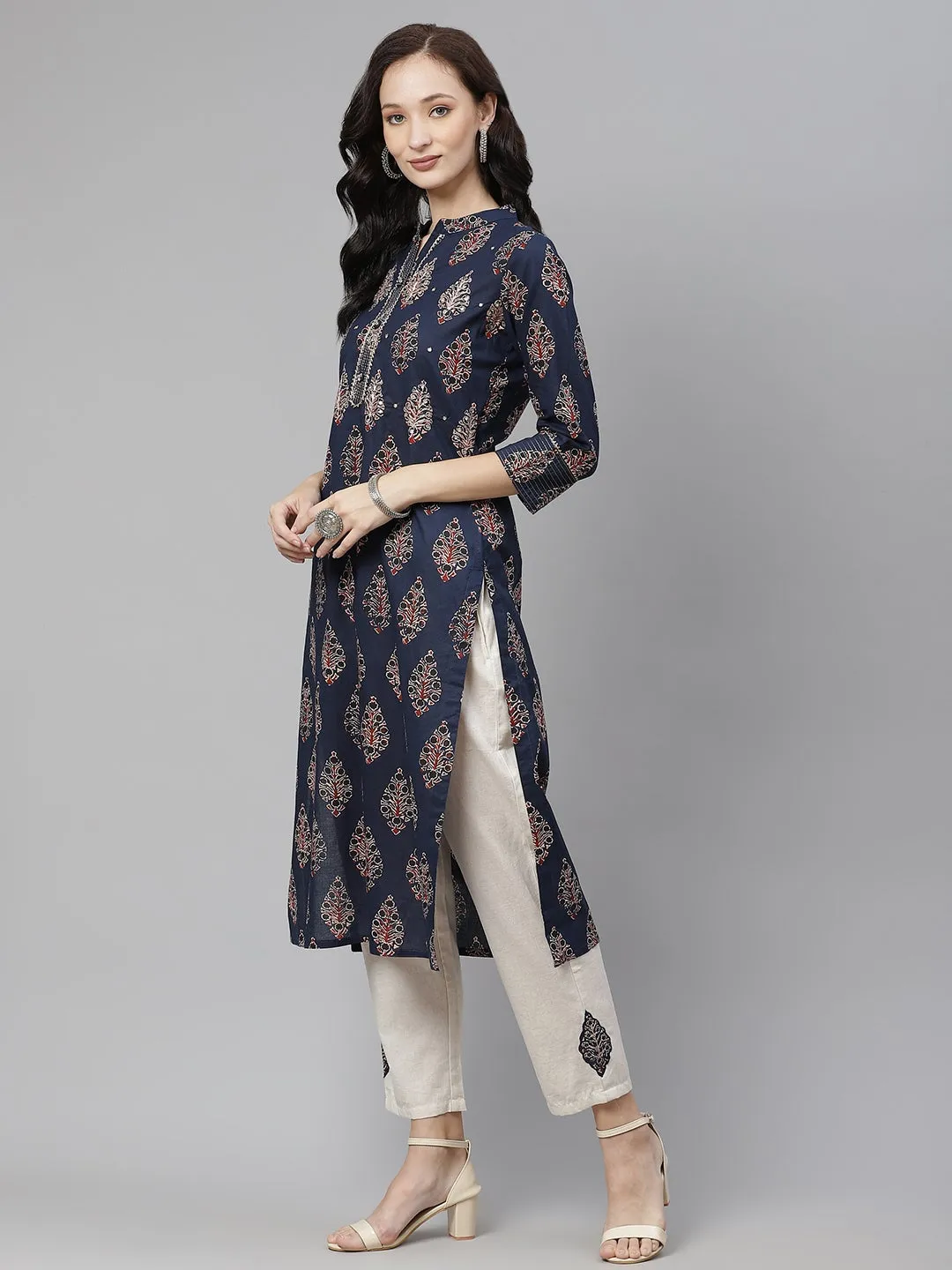Women'S Blue Printed Straight Kurta With Cotton Pants