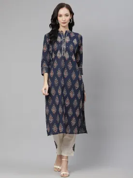 Women'S Blue Printed Straight Kurta With Cotton Pants