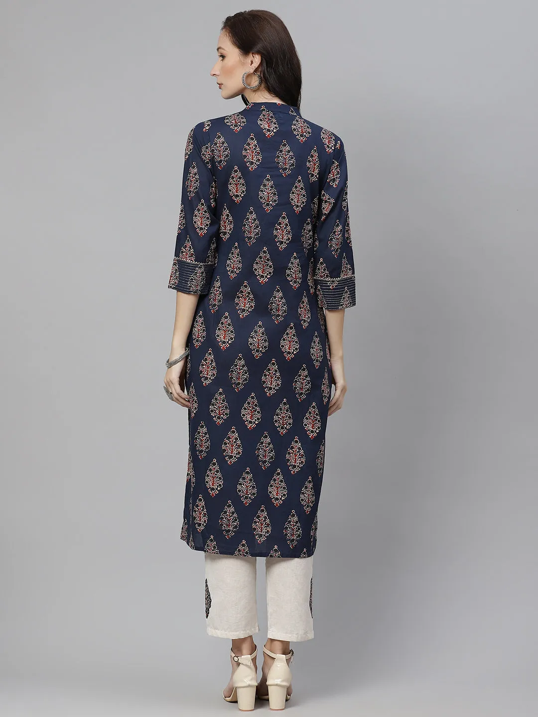 Women'S Blue Printed Straight Kurta With Cotton Pants