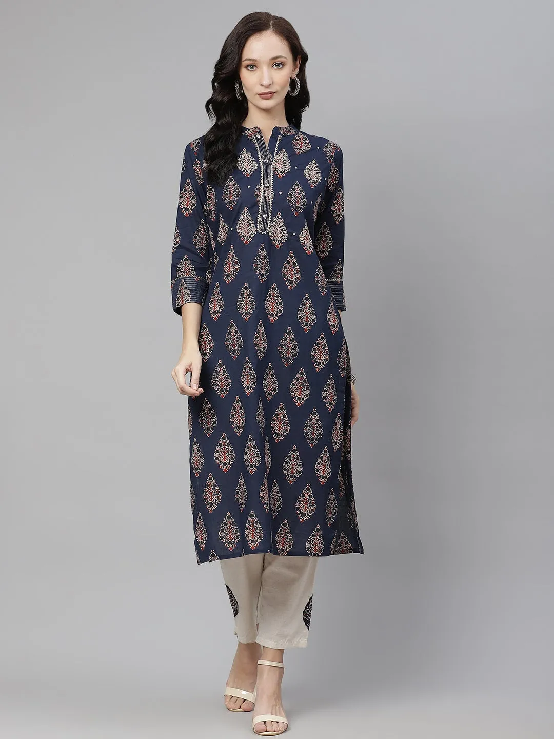 Women'S Blue Printed Straight Kurta With Cotton Pants