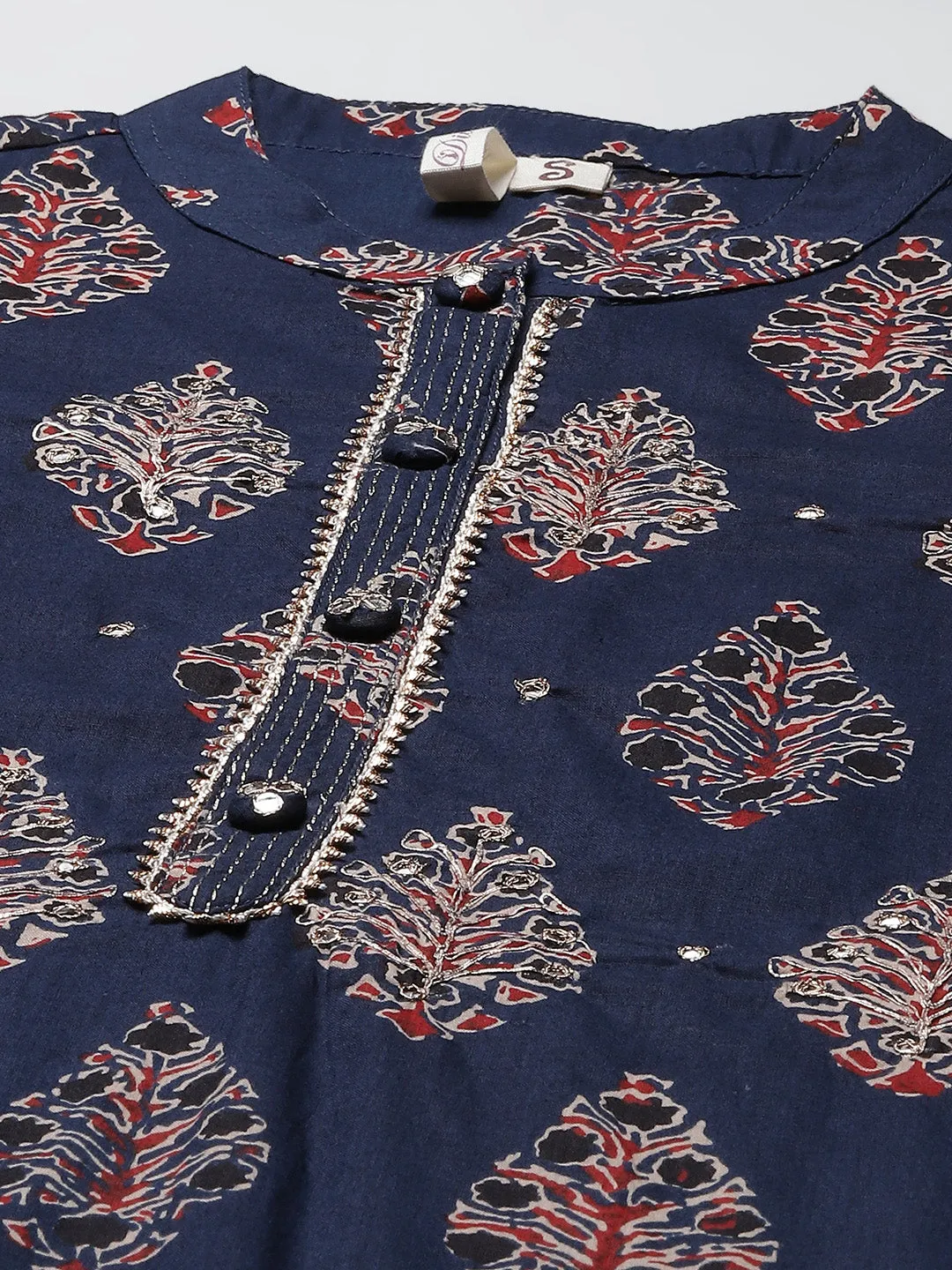 Women'S Blue Printed Straight Kurta With Cotton Pants