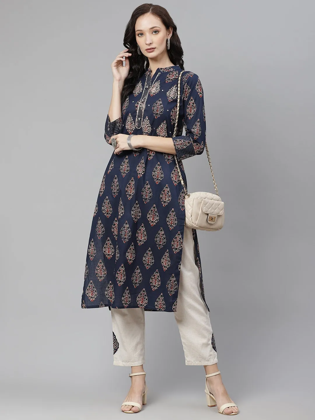 Women'S Blue Printed Straight Kurta With Cotton Pants