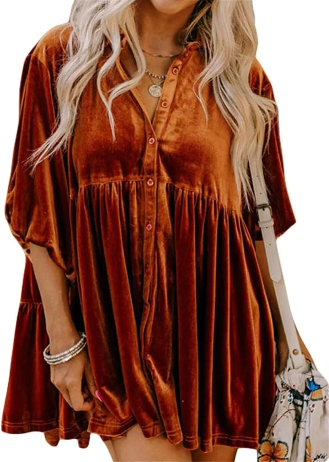 Women's Button Down Velvet Mini Dress Tunic Tops, Casual Lapel T Shirt 3/4 Sleeve Tunic Tops Dress for Women