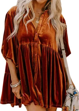 Women's Button Down Velvet Mini Dress Tunic Tops, Casual Lapel T Shirt 3/4 Sleeve Tunic Tops Dress for Women