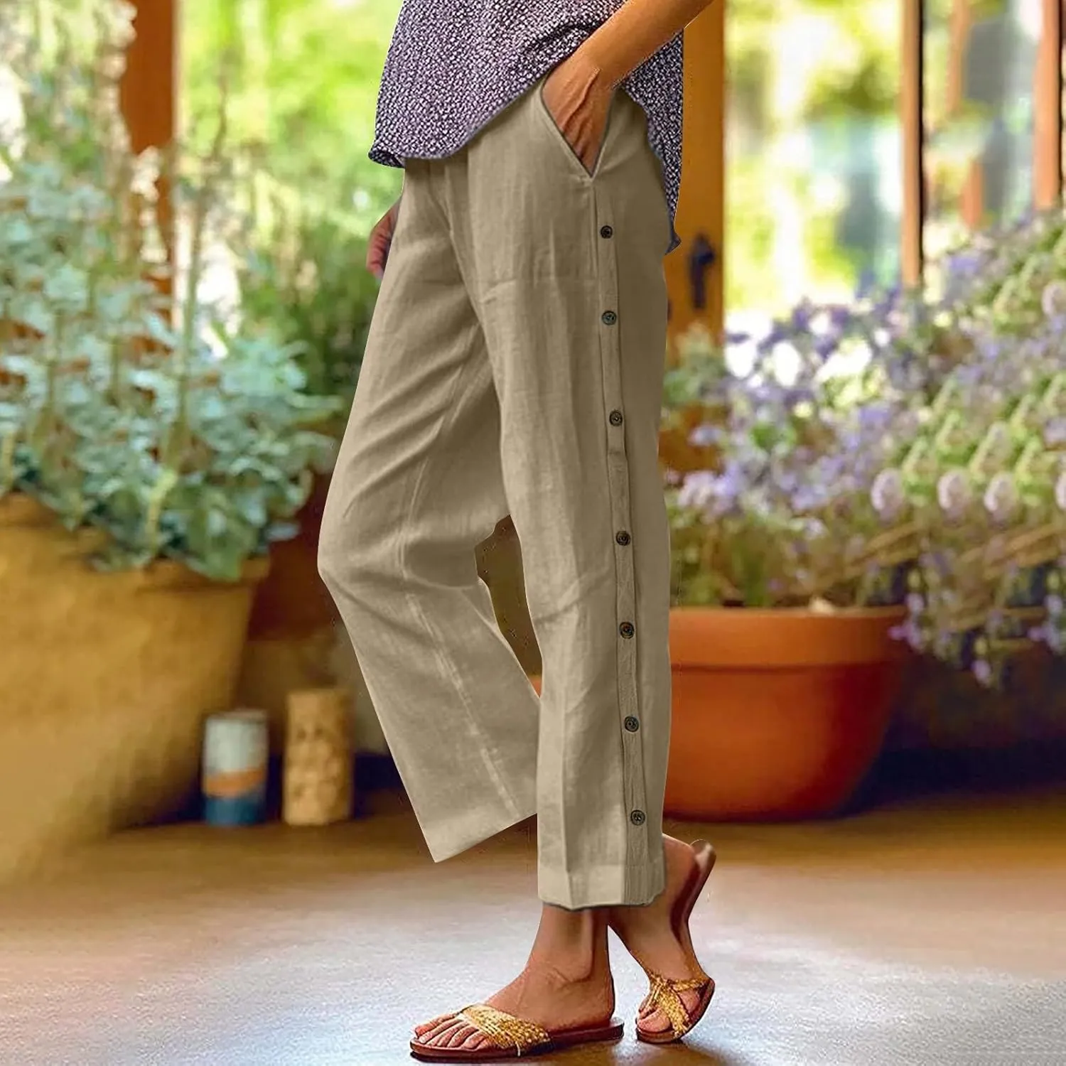 Women's Cotton Linen Pants Casual Boho Floral Print Elastic Waisted Drawstring Summer Palazzo Beach Baggy Capri Pant
