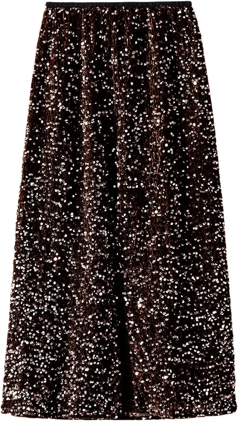 Women's Elegant Sparkly Sequin Midi Skirt Elastic High Waist Shiny Glitter Pencil Formal Party Long Skirt