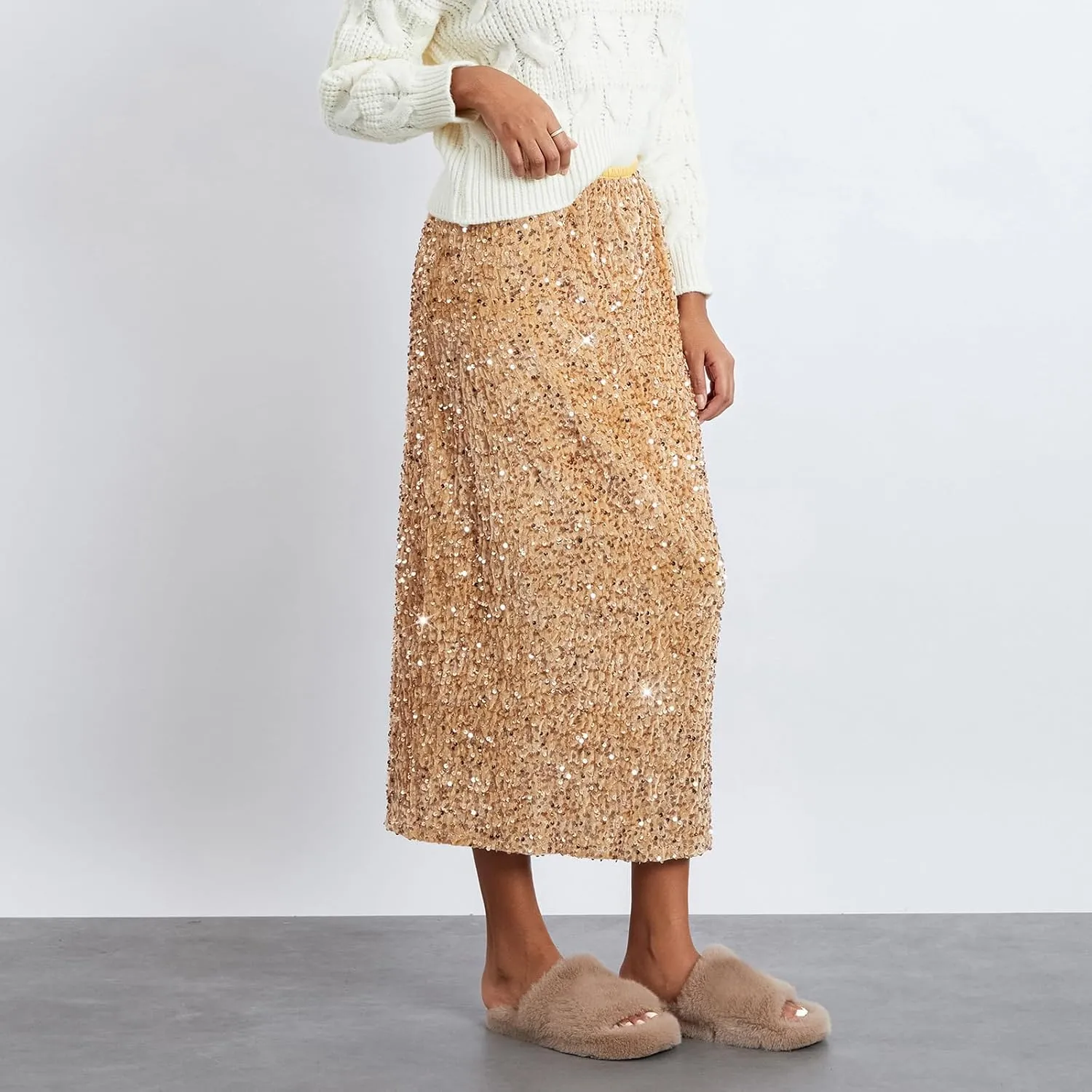 Women's Elegant Sparkly Sequin Midi Skirt Elastic High Waist Shiny Glitter Pencil Formal Party Long Skirt