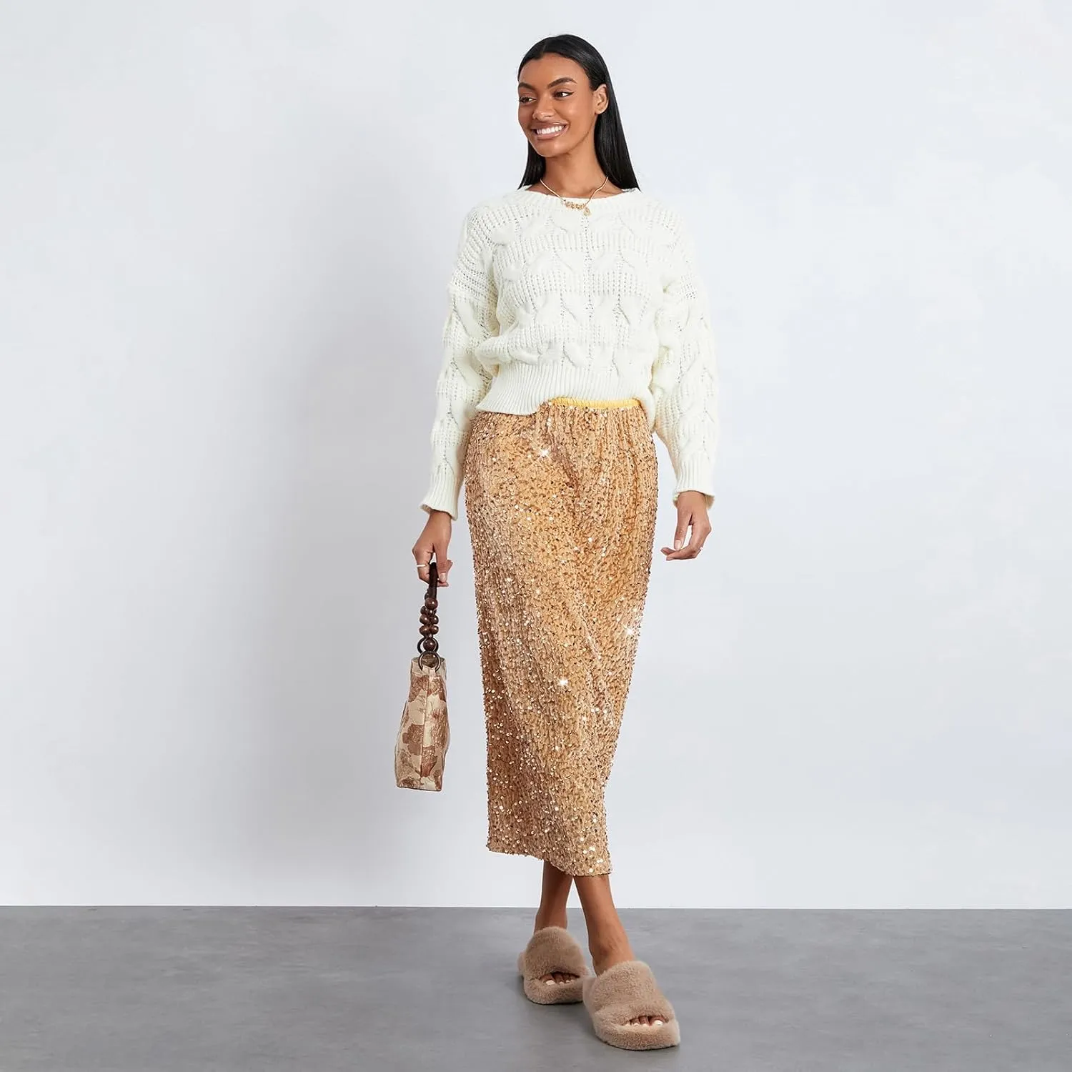 Women's Elegant Sparkly Sequin Midi Skirt Elastic High Waist Shiny Glitter Pencil Formal Party Long Skirt