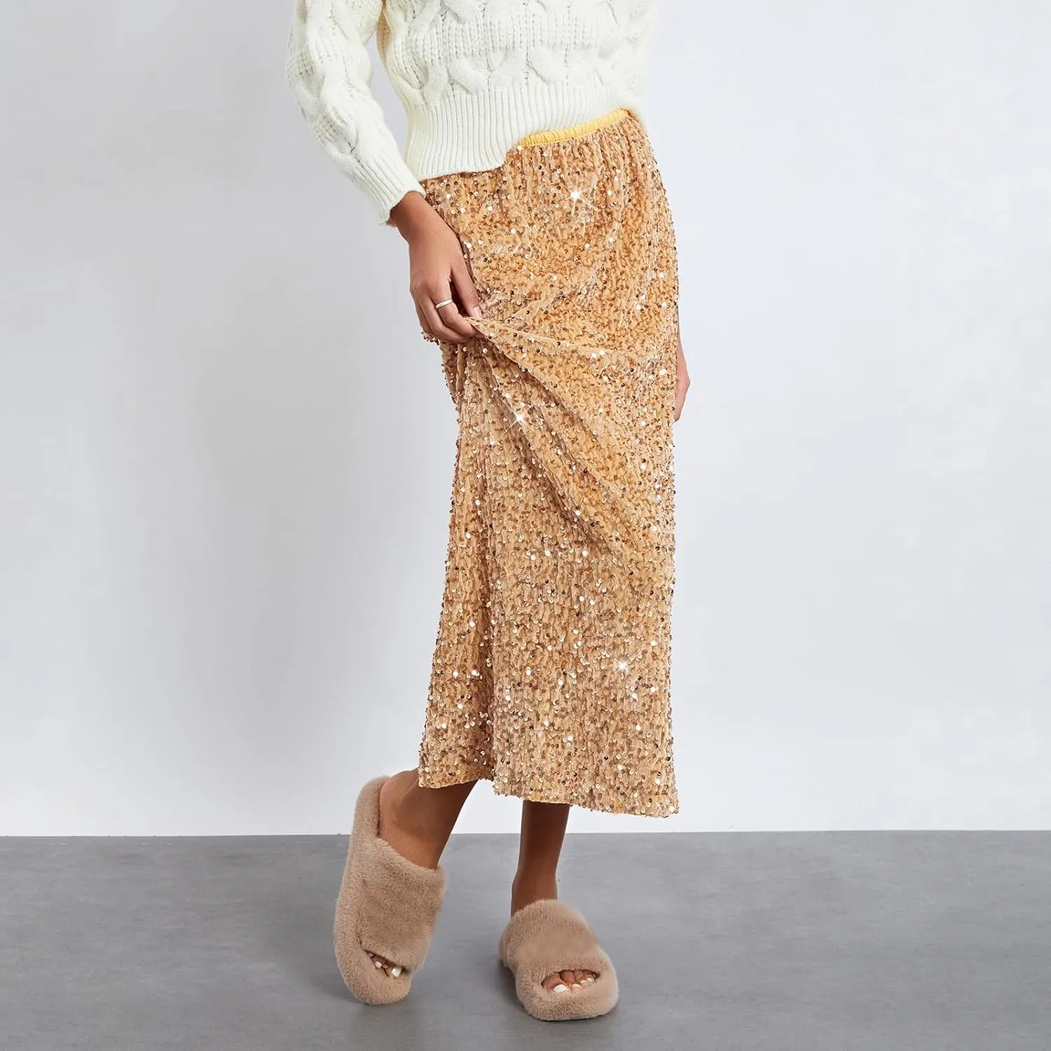 Women's Elegant Sparkly Sequin Midi Skirt Elastic High Waist Shiny Glitter Pencil Formal Party Long Skirt