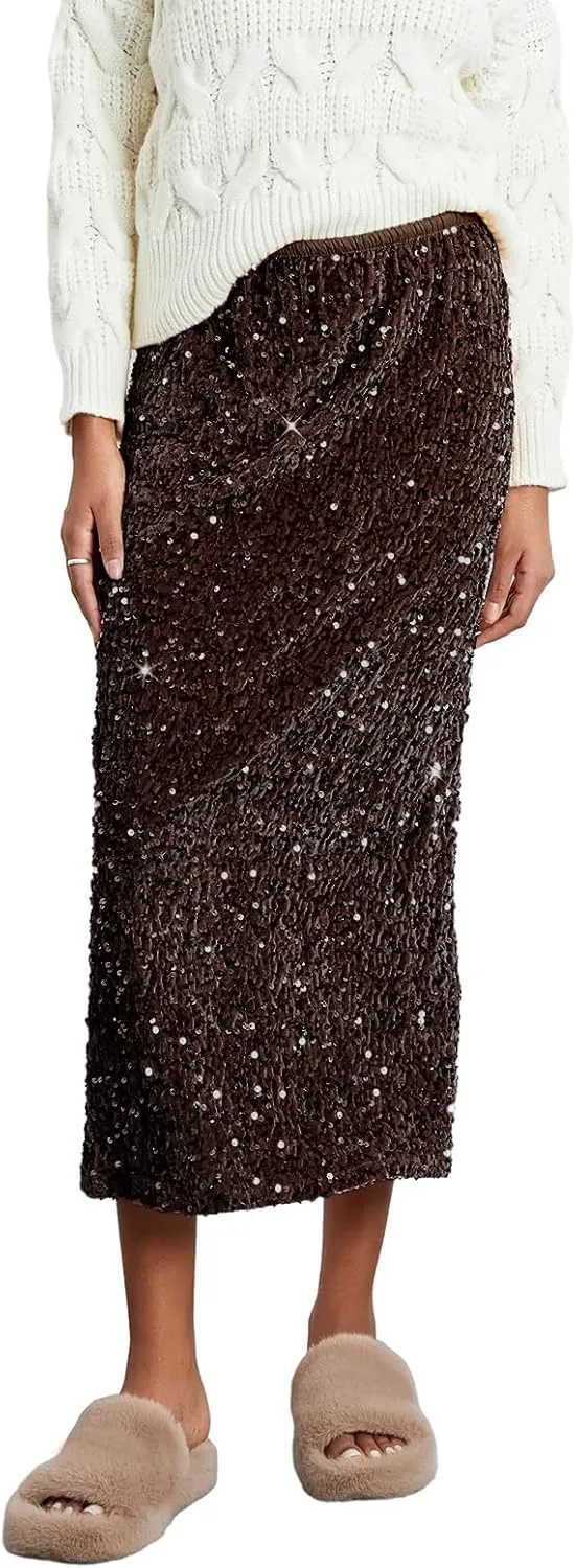 Women's Elegant Sparkly Sequin Midi Skirt Elastic High Waist Shiny Glitter Pencil Formal Party Long Skirt