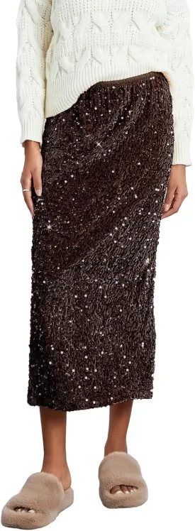 Women's Elegant Sparkly Sequin Midi Skirt Elastic High Waist Shiny Glitter Pencil Formal Party Long Skirt