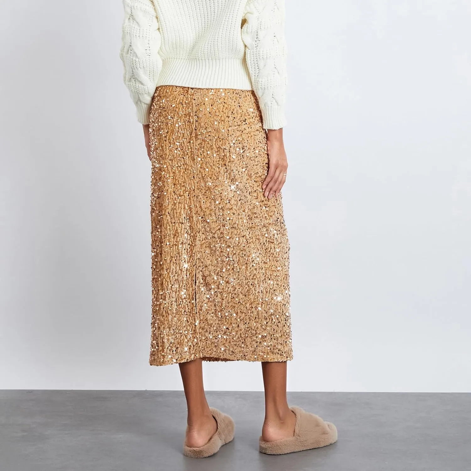 Women's Elegant Sparkly Sequin Midi Skirt Elastic High Waist Shiny Glitter Pencil Formal Party Long Skirt