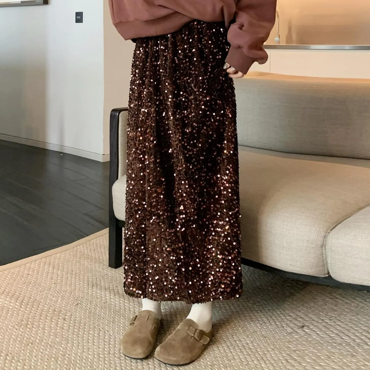Women's Elegant Sparkly Sequin Midi Skirt Elastic High Waist Shiny Glitter Pencil Formal Party Long Skirt